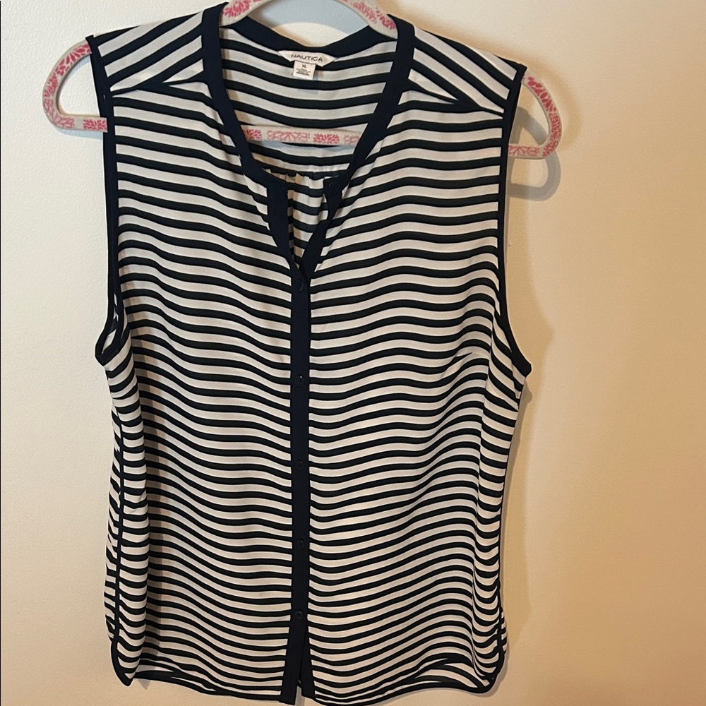 Nautica Navy and White Striped Sleeveless Blouse